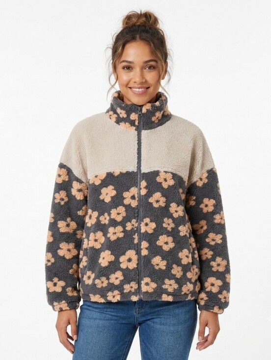 Aelfric Eden Jackets & Blazers - Aelfric Eden Colorblock Grey Orange Floral Sherpa Fleece Jacket